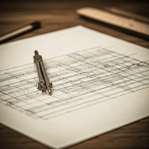 Архитектурный чертеж с циркулем на рабочем столе