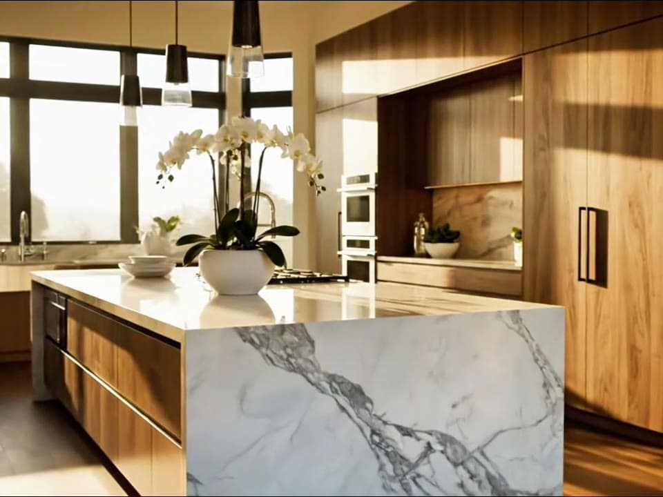 Кухня с островом, тёплыми деревянными фасадами и естественным светом